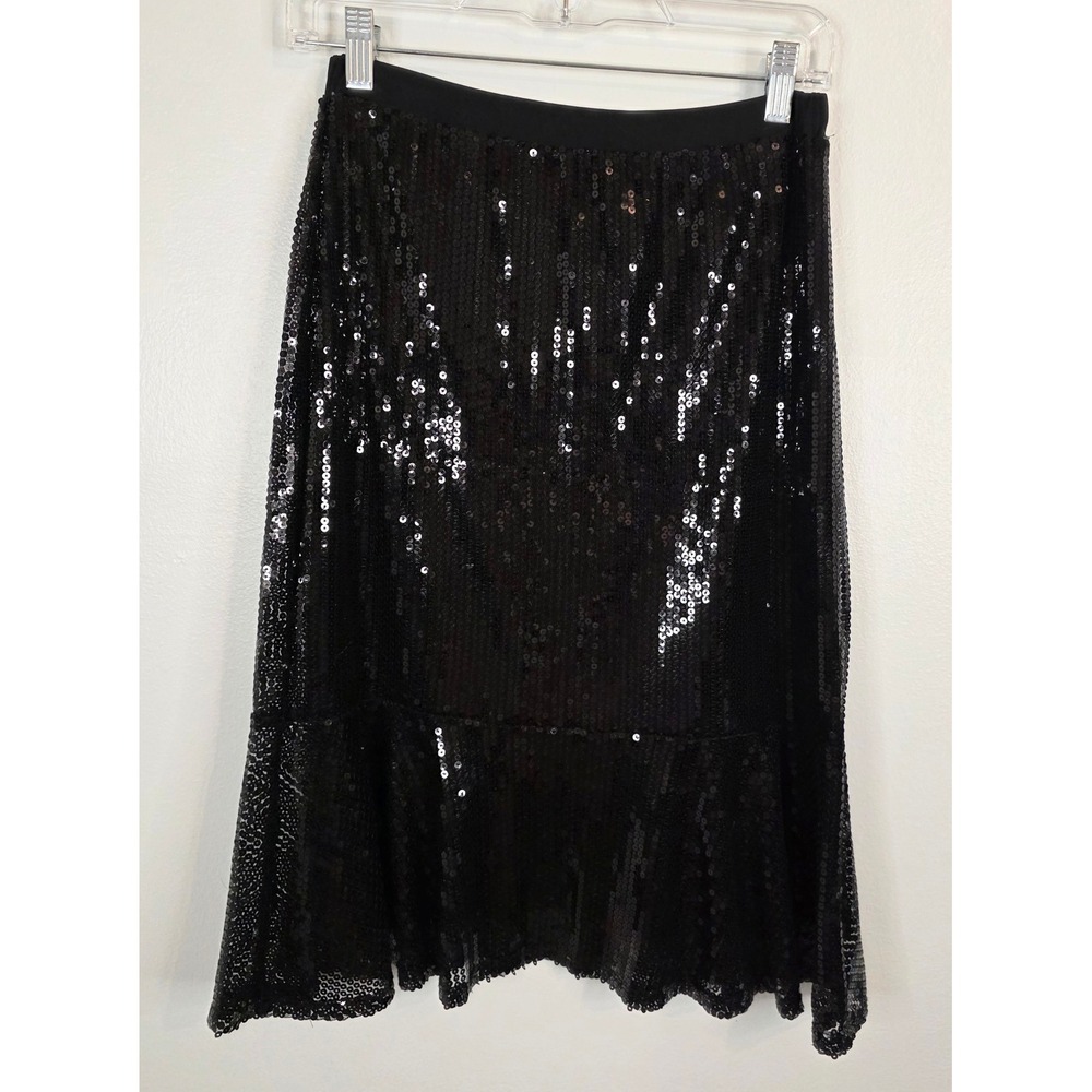 Slinky Brand Black Sequin Midi Skirt XS Mermaid Flared Hem Holiday 6693-013